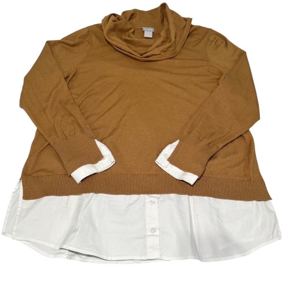 Chico's Brown Taupe White Layer Cowl Neck Turtleneck Top Shirt Sz 2 Large (12) - Picture 3 of 7